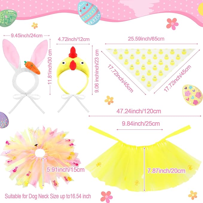 6 Pcs Adjustable Dog Easter Costumes Include Bunny Ears and Chick Headband Dog Bandana Easter Collar Tulle Tutu for Small Medium Pet Birthday Holiday Party Accessories