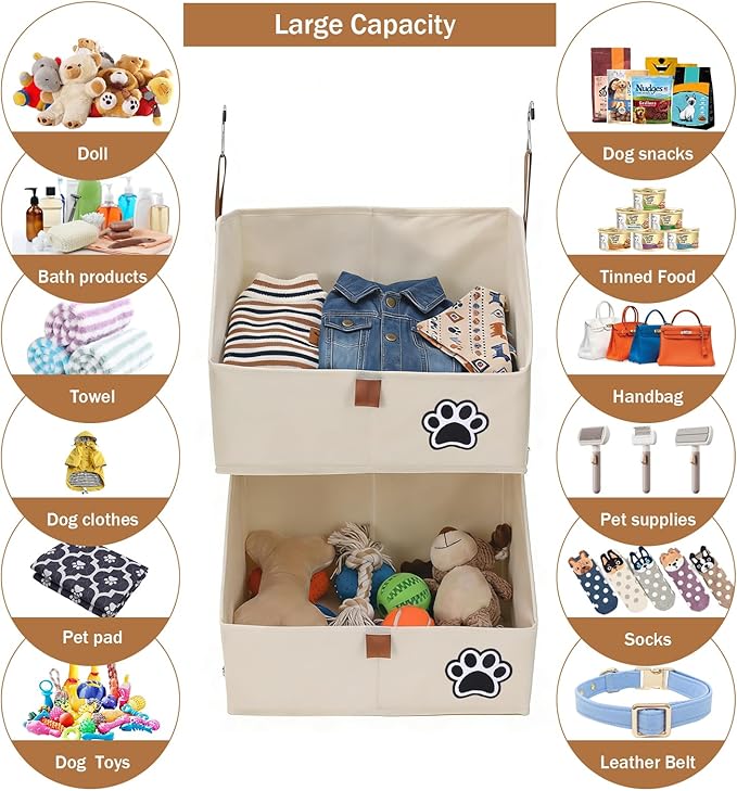 2-Tier Dog Shelves Storage Organizer, Dog Toy Basket, Hanging Closet Organizer for Pet, Fabric Storage Bins Dog Cabinet, Collapsible Baskets for Dog Toys,Colloar,Clothes,Blanket -Beige