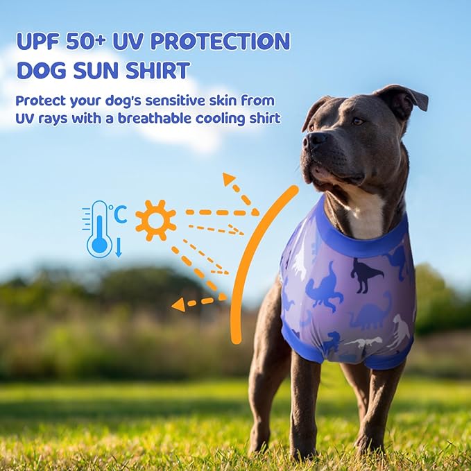 UPF 50+ Sun Protection Dog Shirt - Sleeveless Cooling Vest for Medium Dogs Boy, Quick-Dry Pet T-Shirt with Funny Dinosaur Horns, UV Protective Breathable Dog Clothes U-COSBX03M