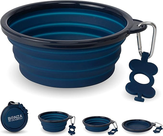 Bonza Collapsible Dog Water Bowl - BPA-Free Silicone Dog Dish - Reinforced Rim Collapsible Bowl - Carabiner Clip Travel Dishes for Pets - for Hiking, Camping & Car Trips - Large 33 Oz, Navy Blue