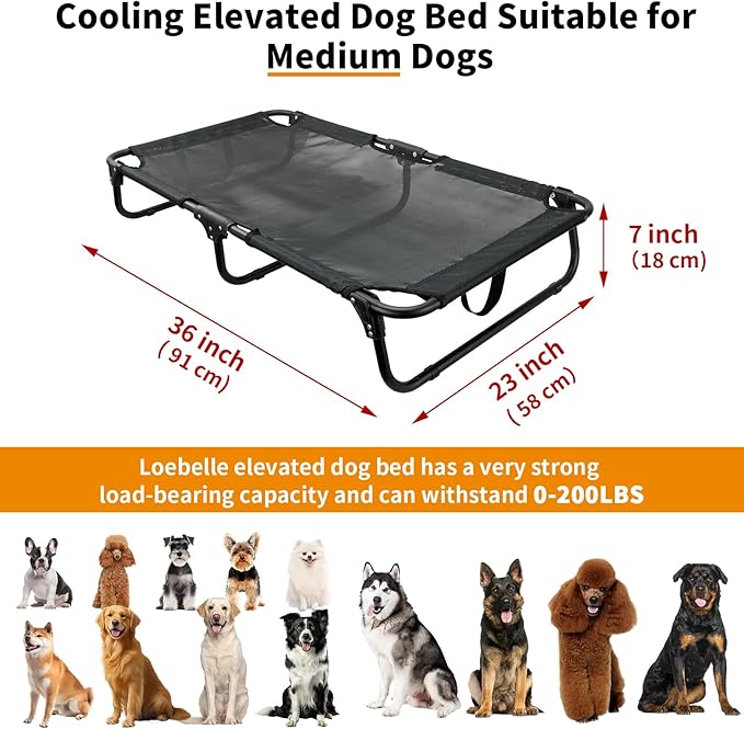 Foldable Elevated Dog Cot, No Assembly Need, Waterproof Folding Raised Dog Bed, Outdoor Dogs Cot Cooling Pet Hammock Bed with Breathable Mesh for Small Medium Size Dogs, Chew-Proof, Black