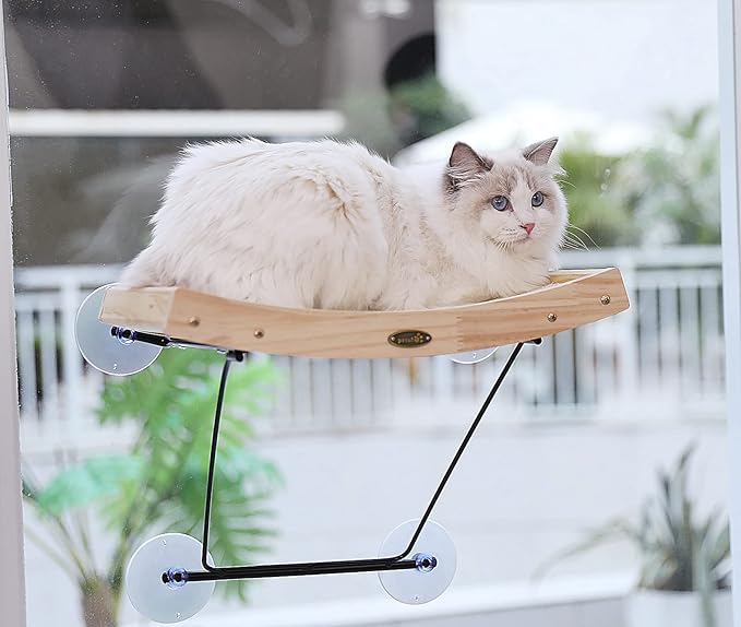 Pecute Cat Window Perch Sisal Scratcher 2 in 1, Cat Hammock for Window Seat with Solid Wood Frame, Iron Bracket, and Heavy Duty Suction Cups, Cat Perch Holds Cats Up to 30lbs