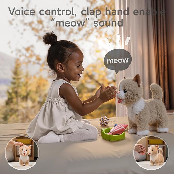 TUMAMA Walking Talking Cat Set Interactive Talking Cat, Interactive Electronic Cat Plush Toy with Leash, Wag Tail, Meows, Pretend Dress Up Realistic Stuffed Cat Age 3 4 5+ Years Old Best Gift