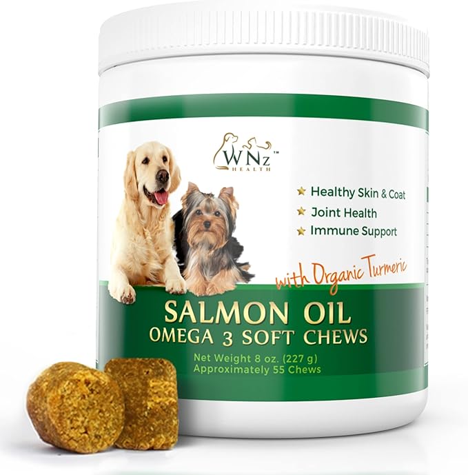 Omega 3 Skin and Coat Chews for Dogs, Dog Salmon Oil Supplement for Joint Pain Relief, Immune Support, Skin and Coat Supplements for Dogs, Chewable Dog Treats for Itchy Skin Relief, 55 Chews, 8 Oz