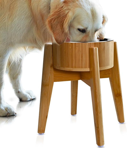 Elevated Dog Bowls for Large Breed - (15-Inch High) Raised Food/Water Bowl with Stand - Bamboo-Steel, Dry/Wet Food Suitable