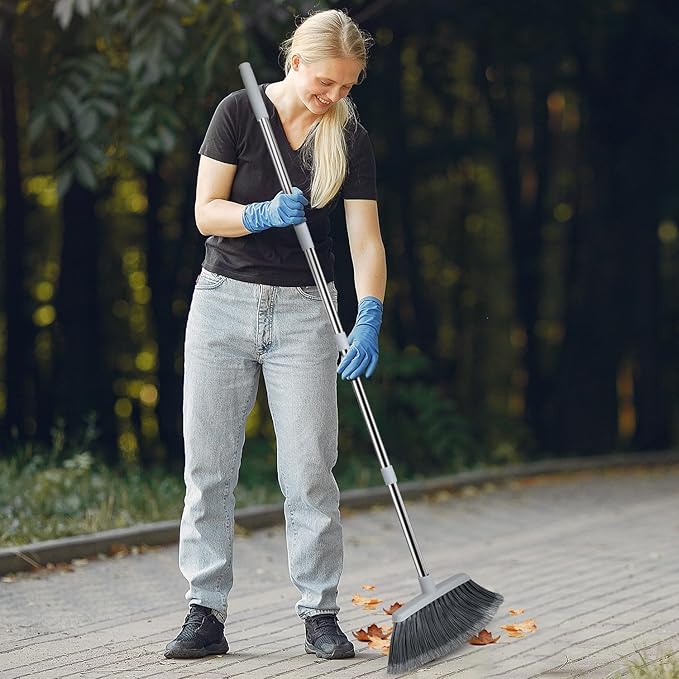 Broom, Outdoor Brooms for Sweeping Indoor, Adjustable 55" Pet Hair Removal Heavy Duty Broom for Floors Home Kitchen Garage Commercial Patio Industrial Snow (Grey 2 Pack and Black 1 Pack)