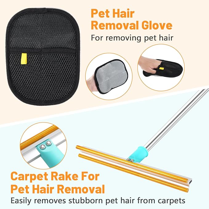 Carpet Rake for Pet Hair Removal, 51” Adjustable Long Handle Cat Dog Carpet Rake Scraper with Pet Hair Removal Glove, Reusable Cat Dog Hair Remover for Sofa, Couch, Rug, Car