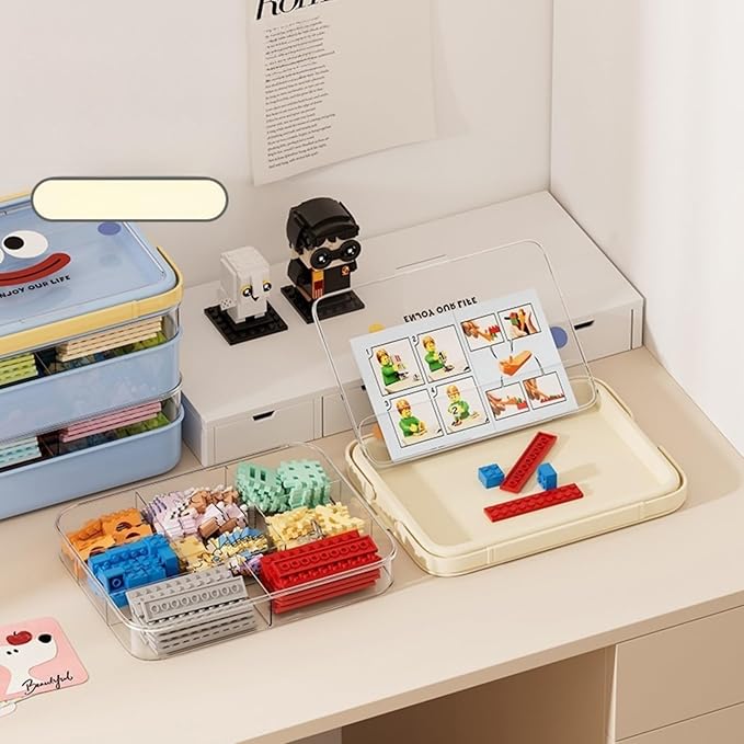 Plastic Storage Organizer for Lego Box Kids Child Toy Stackable Containers with Lids Bins 3 Layers Adjustable Compartments Building Blocks Chest Case (White, Medium 3 Tiers) (Blue)