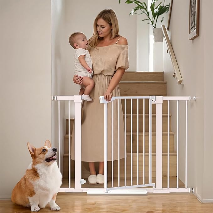 Mumeasy Baby Gate for Stairs - 29.6-46" Auto Close Dog Gate for Doorways, Extra Wide Child Gate Indoor, Walking Through Safety Gate for Kid, Pet Gates No Drilling White, Mom's Choice Awards Winner