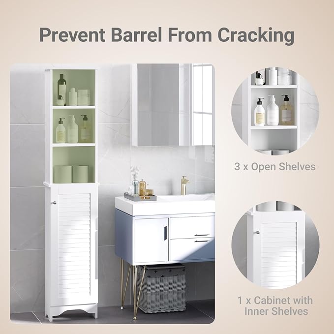 HOMCOM Tall Bathroom Storage Cabinet/Freestanding Linen Tower with 3-Tier Open Adjustable Shelf, White