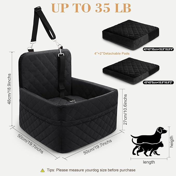 Dog Car Seat for Small/Medium Dogs,Pet Dog Booster Car Seat Puppy 15-35 lbs with Soft 4+2in Detachable Pads Detachable Elevated Cushion and Washable Cover Safety Belt Storage Pockets Easy to Install