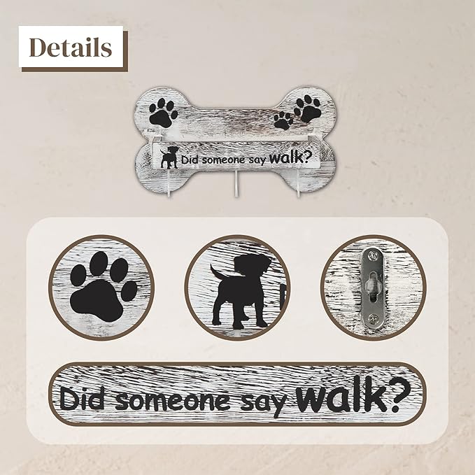 J JACKCUBE DESIGN Rustic White Bone Shape Wall Mounted Dog Leash Holder with 3 Key Holder Hooks and Extra Storage Compartment Box Shelf for Pet Treats, Accessories and more - MK679A