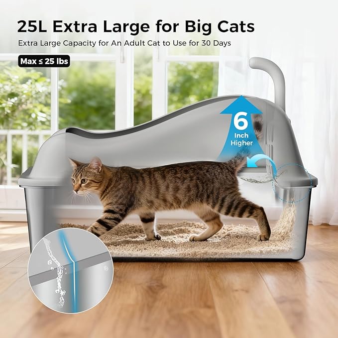 GTPLAYER Stainless Steel Litter Box for Big & Multiple Cats, Easy Clean Odor-Resistant Design, High Sided Leak-Proof Litter Box with Mat & Scoop, Light Gray