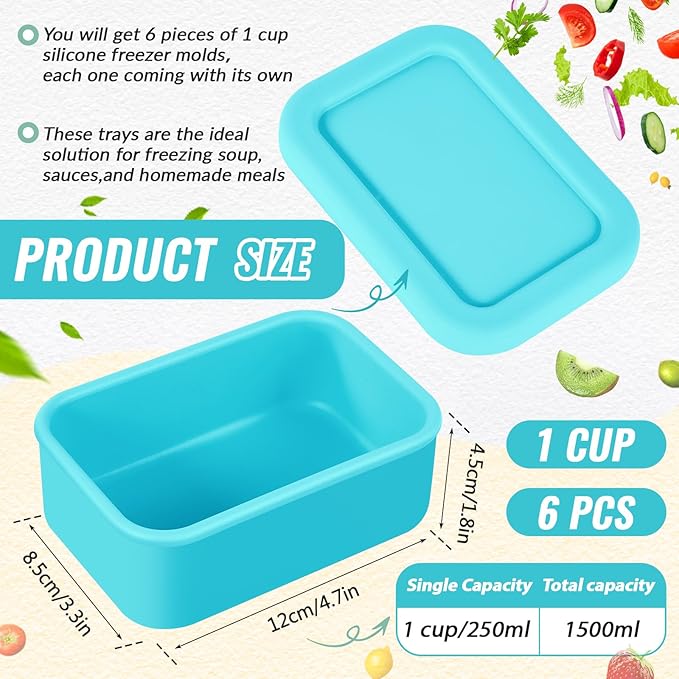 6 Packs 1 Cup Silicone Soup Freezer Molds with Lid Silicone Soup Freezer Trays Rectangle Reusable Food Preserving Tray Freezing Sauces Stews(Lake Blue)