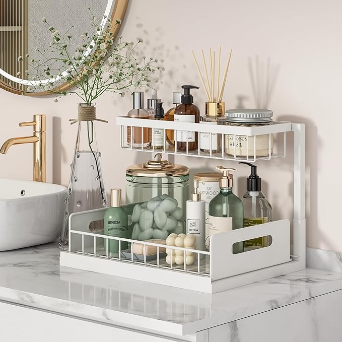 Pull Out Under Sink Organizer, 2-Tier Slide Out Sink Shelf Cabinet Storage for Kitchen Bathroom, White, 1 Pack