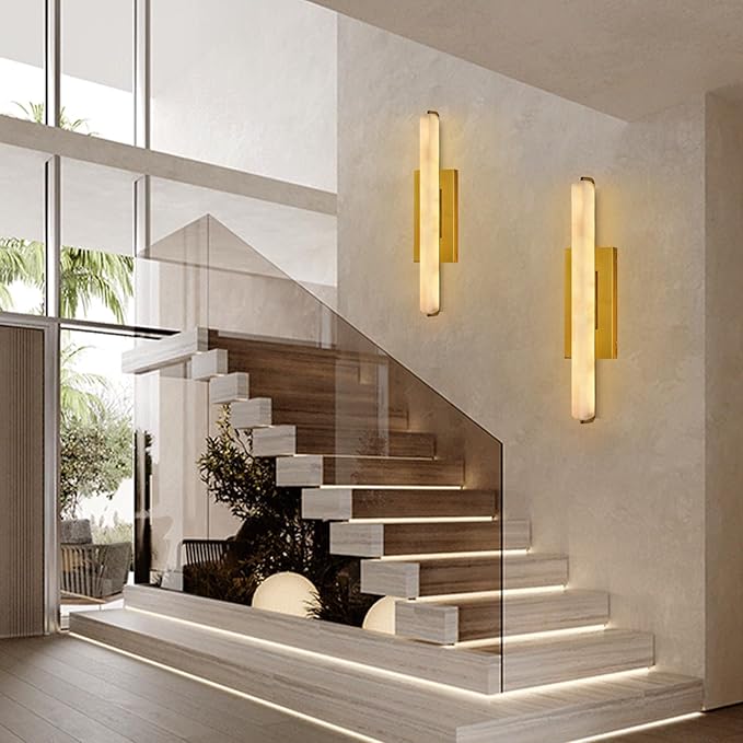 Alabaster Wall Sconces, 25" Brass Alabaster Sconce, Spanish Natural Marble Wall Sconce Lamp Indoor, Rectangle Modern Sconces Lighting for Bathroom Living Room Bedroom Stairs Hallway