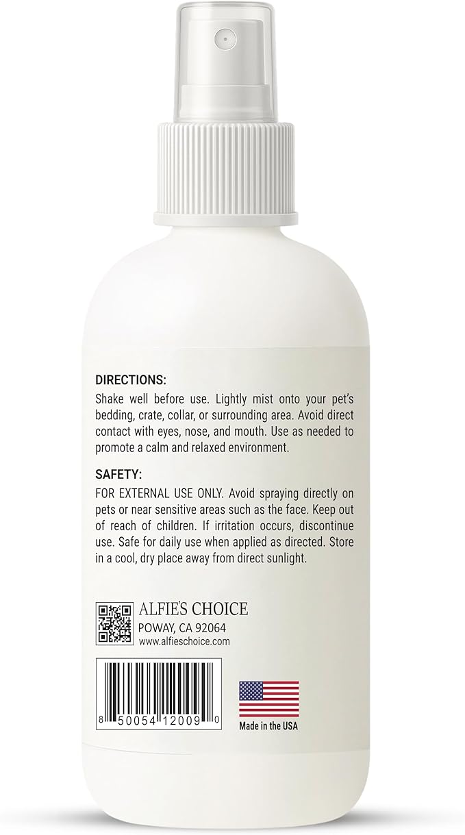 ALFIE'S CHOICE Pet Calming Aromatherapy Spray for Dogs |3.4 fl oz Travel Size | Lavender & Valerian Aromatherapy Mist | for Crate, Car & Vet Visit Comfort | Made in USA