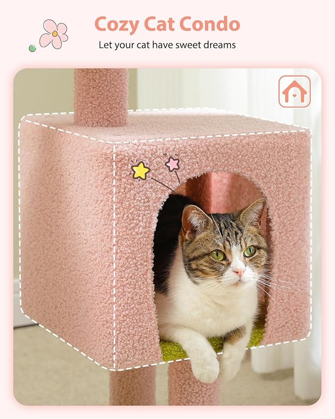 Flower Pink Cat Tree, 35.4" Cute Cat Tower Condo for Indoor Cats w/Large Padded Perch, Cat Scratching Post, Comfy Hammock, and Dangling Ball, for Small-Medium Cats