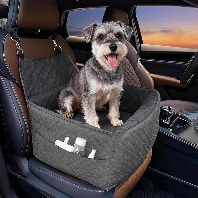 Memory Foam Dog Car Seat for Small/Medium Dogs,Travel Booster Seat for Dogs up to 35 lbs, Washable Removable Cover & Storage Pockets, Comfortable & Safe Car Seat for Pet Travel