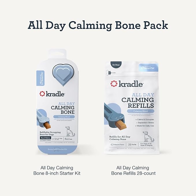 Kradle All Day Calming Dog Bone – Refillable Bacon-Flavored Toy with Ashwagandha & GABA for Anxious Dogs - 8" Nylon Dog Bone with 28 Refills
