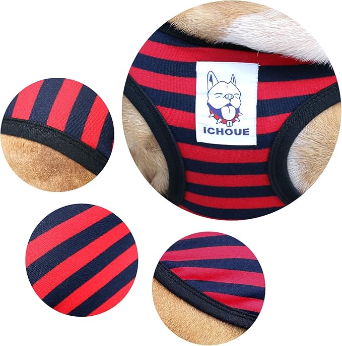 iChoue French Bulldog 100% Breathable Cotton Striped T Shirts Halloween Vest Clothes for Medium Dogs Tank Tops Frenchie Pug English Boston Terrier Pitbull Red Blue Stripes - Large Plus