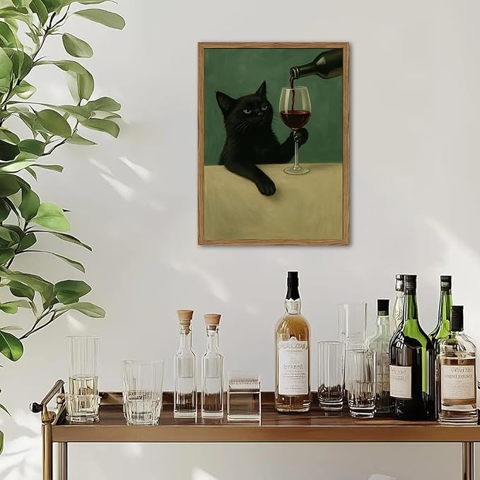 Funny Black Cat Wall Art Moody Black Cat with Wine Glass Wall Decor Whimsical Animal Bar Cart Poster Canvas Prints for Living Room Bedroom 16x24 inch Wood Framed