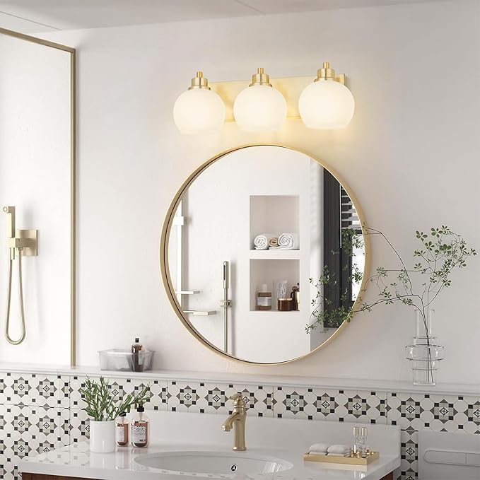 Tuscarora Bathroom Light Fixtures Gold Vanity Light 3 Light Wall Sconces Lighting Brushed Brass Bathroom Lights Bath Wall Lights Wall Lamp for Mirror Kitchen (Brushed Gold & Milk Glass)