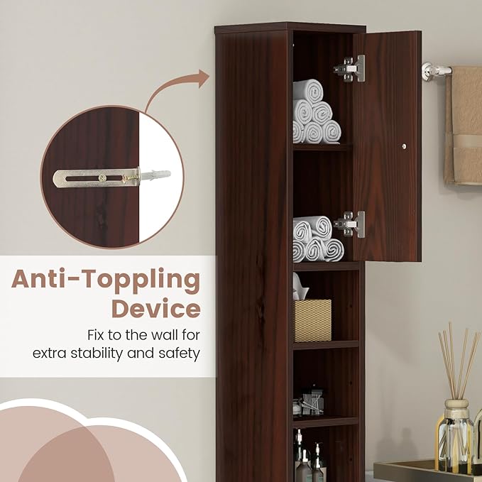 SIMOE Slim Bathroom Tall Cabinet - Freestanding Floor Storage Organizer with 2 Doors, 1 Drawer & 5 Adjustable Shelves, Hardwood Narrow Linen Tower for Small Spaces, 8"x8"x71"