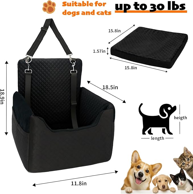 ALL GOOD PET SUPPLIES Dog Car Seat for Small/Medium Dogs, Dog Booster car seat, Memory Foam Elevated Cushion, Fully Detachable and Washable,2 Clip-On Safety Leashes, Anti-Slip