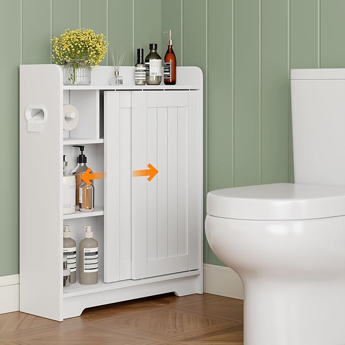 Bathroom Floor Cabinets, Slim Bathroom Storage Cabinet with Sliding Door, Ideal for Toilet Paper Holder, Adjustable Shelves, Next to Toilet Solid Cabinet for Bathroom,Kitchen,White