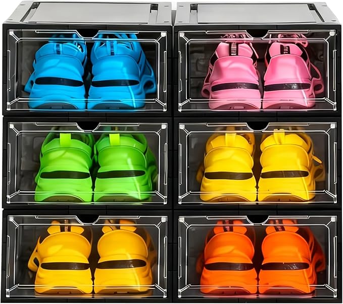KUILONG 6-Pack Stackable Shoe Boxes with Magnetic Closure, Transparent Gray Shoe Organizer and Storage Container for Sneaker Display(Gray, XL-6PCS)
