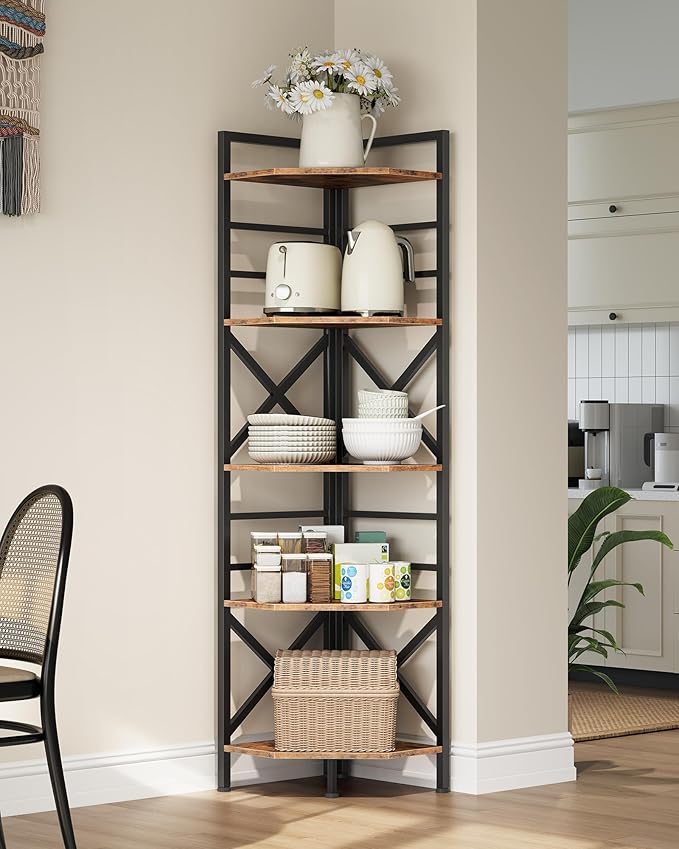 69.3" Corner Shelf 5-Tier, Large Corner Shelving, Freestanding Storage Stand for Bedroom, Living Room, Kitchen, Industrial Engineered Wood Bookshelf Organizer, Rustic Brown and Black TCJ15BF