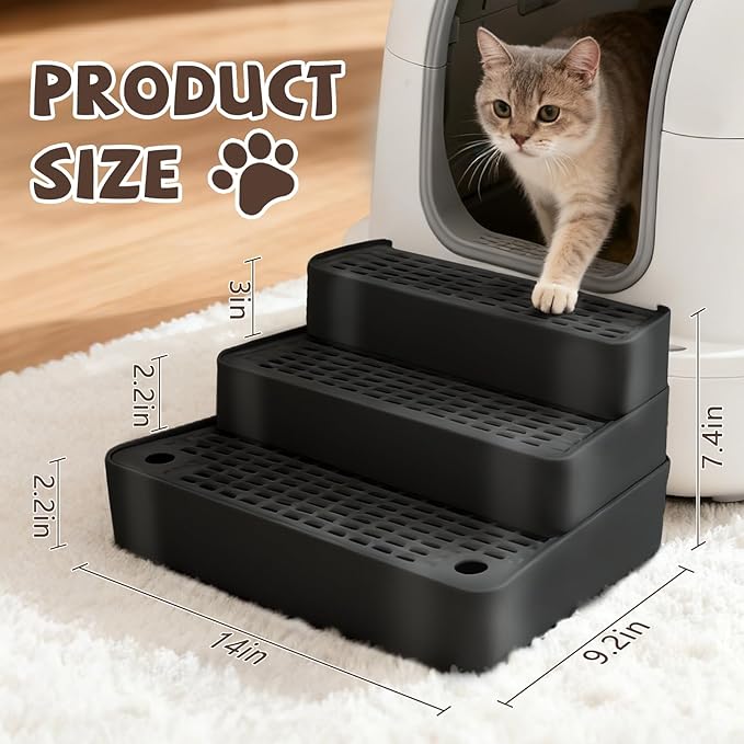 Adjustable 3 Steps Cat Ramp for Litter Box, Detachable Cat Pedal Step Stool with Filter Function, Double Layered Cats Litter Trapper, Suitable for Small&Elderly Cats, Non-Slip(Black)