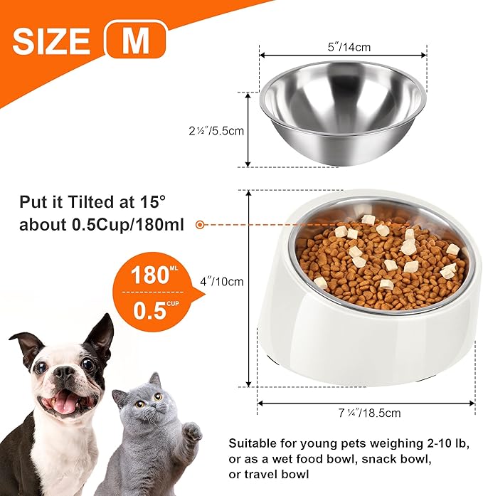 Tilted Dog Bowl Non-Slip & Non-Spill Pet Feeder with Elevated Detachable Melamine Stand, Easy to Get Food Dog Dish, M/180ml White