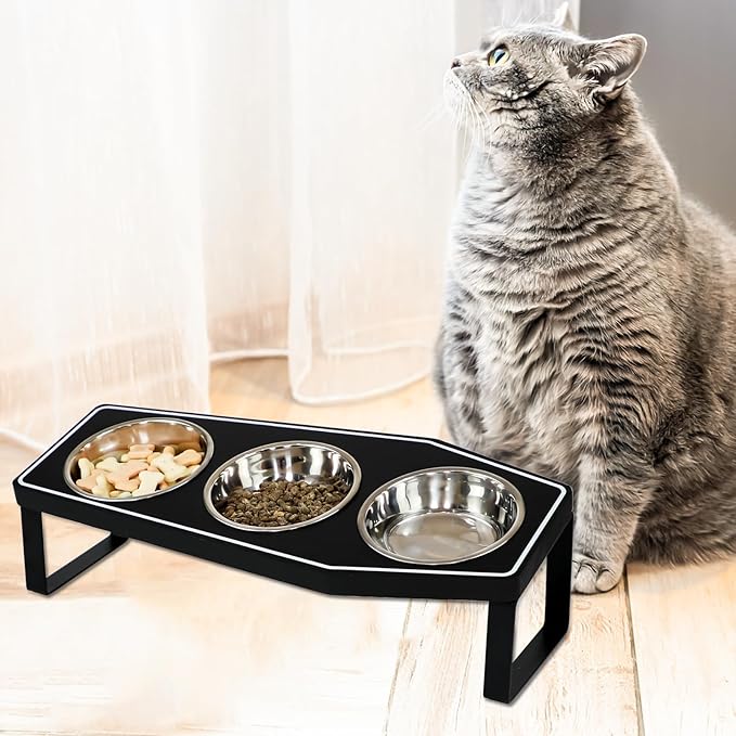 Gothic Cat Food Bowls Elevated, Raised Cat Bowls for Indoor, Non-Slip Stand & Wood Board, Stainless Steel and Whisker Friendly Food Bowls (Cat Bowl*3)
