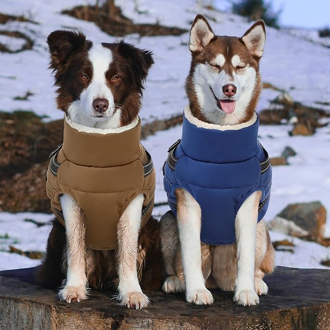 Dog Winter Coat with Harness Built in Warm Puffer Dog Jackets for Small Medium Large Dogs Windproof Waterproof Outfit with Plush Lining and Reflective Stripes (Brown, 3XL)