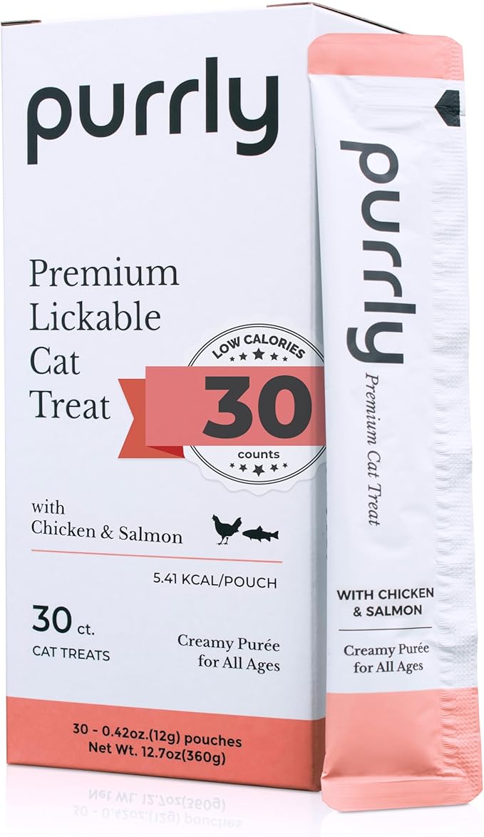 Purrly Hydrating Wet Cat Treat Snack Topper Creamy Purée Human-Grade Chicken Breast & Salmon with Omega-3 & 6 for Skin & Coat (30 Count) Healthy Lickable Squeeze Soft Training Snack Low-Phosphorus