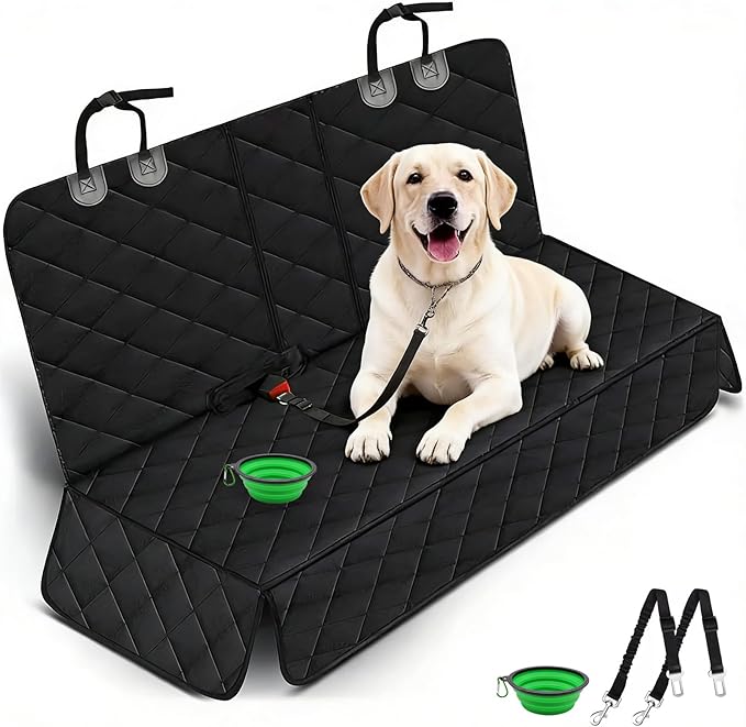 SNZ Waterproof Dog Car Seat Cover for Back Seat, Pet Seat Protector with Non-Slip Backing & Fashion Pattern, Fits Cars Trucks SUVs Universal Bench Seat Cover Incidentally Dog Seat Belt 3 Piece Set