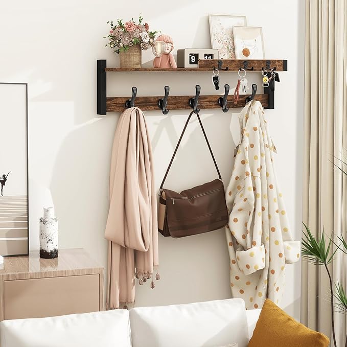 Homode Coat Rack Wall Mount with Shelf, Entryway Coat Hanger with Key Hooks and Mail Holder, 29 Inch Wood Floating Shelf with Hooks and Storage, Key Holder Mail Organizer, Rustic Brown