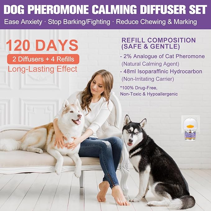 Dog Calming Pheromone Diffuser 6 in 1 Kit, Relieve Separation Anxiety, Stress Barking & Chewing,Dog Appeasing Pheromone Diffuser to Calm, 2 Plugs + 4 Refills (5)