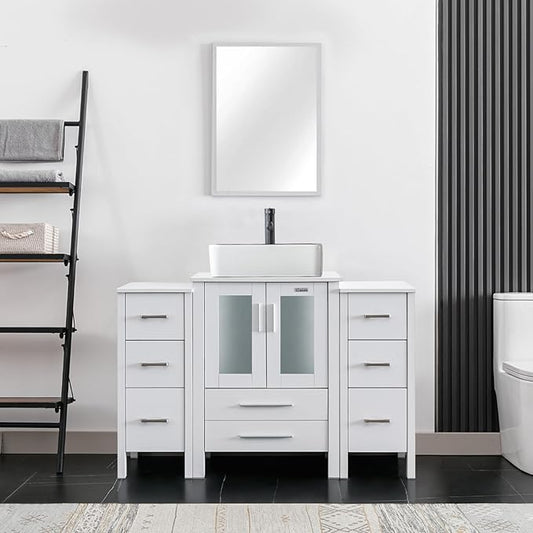 eclife 48" Modern Bathroom Vanity Sink Combo Freestanding Cabinet with Small Side Cabinet, White Black Ceramic Vessel Sink, Water Save Faucet, Drain (White+T03BK)