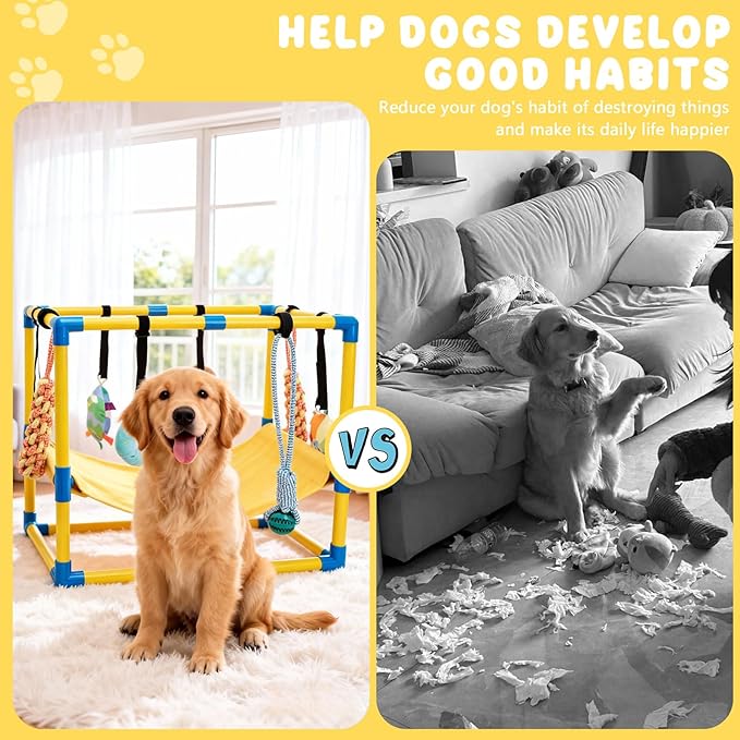 Puppy Play Gym with 8 Hanging Toys, Indoor Puppy Jungle Gym with Interactive Dog Enrichment Toys.PVC Frame with Small Dogs Hammock Enrichment Activity Center