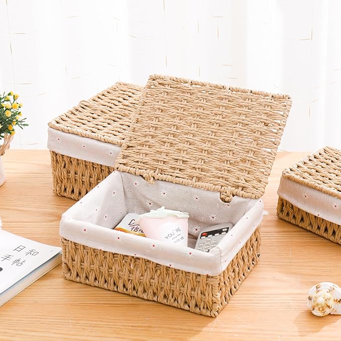 Wicker Shelf Basket with Lid Paper Storage Baskets for Shelves Medium Storage Bin with Removable Liner Nesting Decorative Woven Basket for Makeup Closet Organizer (Medium, Khaki)