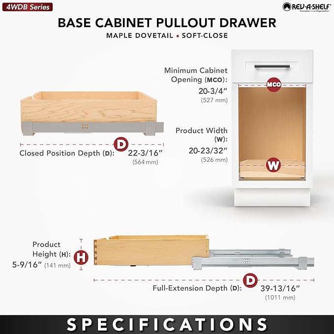 Rev-A-Shelf Standard Pullout Kitchen Cabinet Organizer and Drawer Box with Soft-Close for 24" Base and 20.75" W Cabinet Opening, Wood, 4WDB-21SC-1