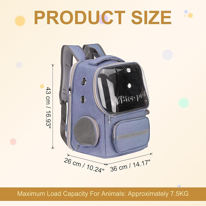 Pet Backpack Carrier, Portable and Ventilated, Oxford Cloth, Dogs Cats Travel Bag with Transparent Cover 14.17", (Blue, 1 Pcs), Intended for Hiking/Traveling/Camping