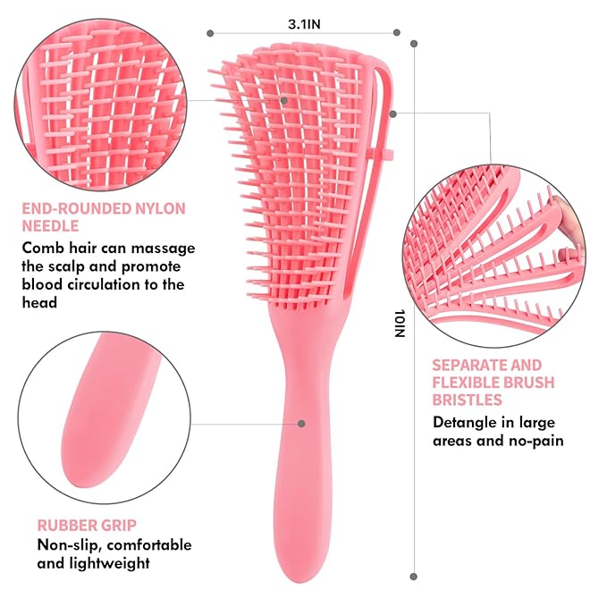 4pcs Curly Brush Set for Adult & Kids Wet or Dry Hair, Detangling Brush for 3/4ABC Hair with Wide Tooth Comb (4, Pink)