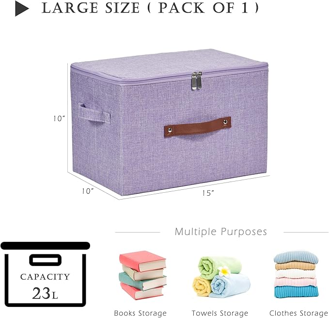 Storage Bins with Zipper Lid Cotton Linen Fabric Lidded Storage Baskets Boxes Foldable Washable Closet Shelf Clothes Organizer Container with PU Leather Handles (Purple, Large)