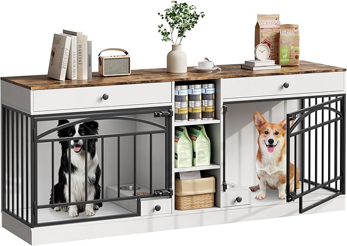 GarveeHome Dog Crate Furniture for 2 Dogs, Dog Kennel Indoor with Storage and Feeding Bowls, Double Dog Crate TV Stand for Small Medium Dogs, White