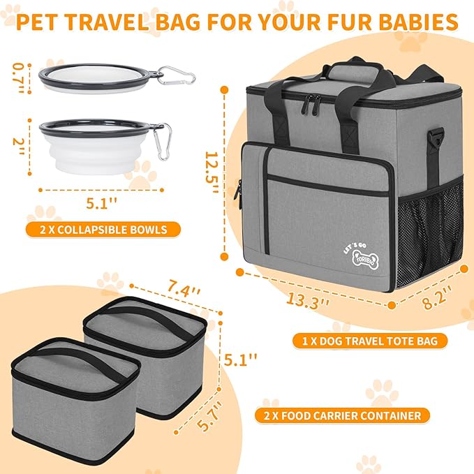 Dog Travel Bag,Large Pet Travel Bag for Supplies with 2 Food Container and Collapsible Bowls,Dog Travel Supplies Organizer Kit for Weekend,Road Trips,Camping