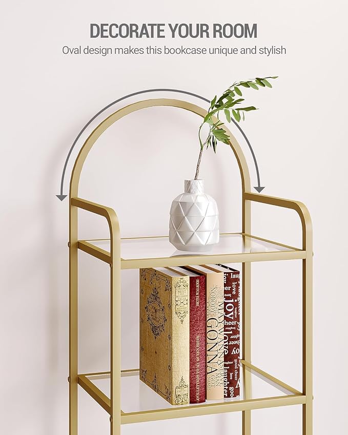 Bookcase Bookshelf, Tempered Glass Bookshelves, Slim Shelving Unit for Bedroom, Bathroom, Home Office, Steel Frame, 4 Tier Gold BC04001G